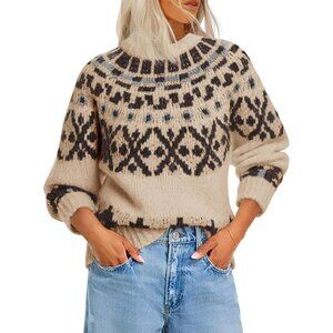 Women's Fair Isle Sweater Chunky Knit Crew Neck Long Sleeve Vintage Pullover